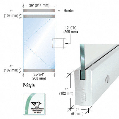 CRL Dry Glazed Frameless Glass 3'-0" P-Style Single Door Complete Entrance Kit - with Lock