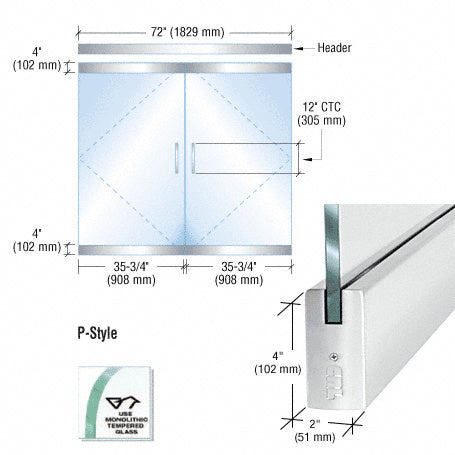 CRL Dry Glazed Frameless Glass 6'-0" P-Style Double Door Complete Entrance Kit - without Lock