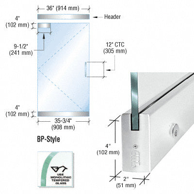 CRL Dry Glazed Frameless Glass 3' BP-Style Single Door Complete Entrance Kit - with Lock