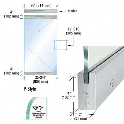 CRL Dry Glazed Frameless Glass 3'-0" P-Style Single Door Complete Entrance Kit - with Lock