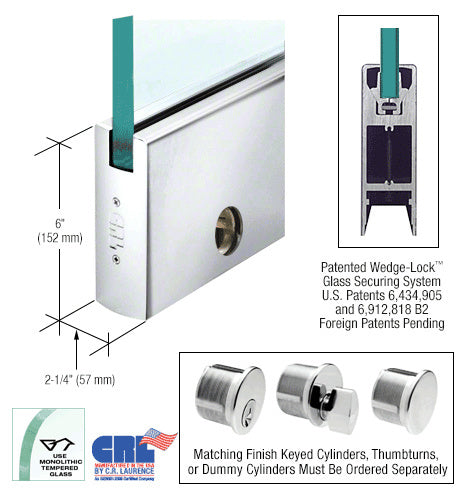 CRL Powder Coat Glass 6" Square Door Rail With Lock - 35-3/4" Length