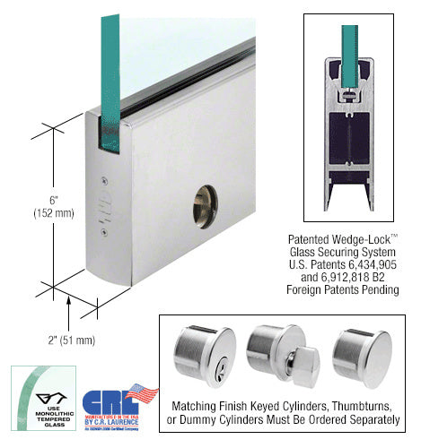 CRL Powder Coat Glass 6" Square Door Rail With Lock - 35-3/4" Length