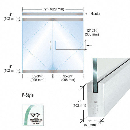 CRL Dry Glazed Frameless Glass 6'-0" P-Style Double Door Complete Entrance Kit - without Lock