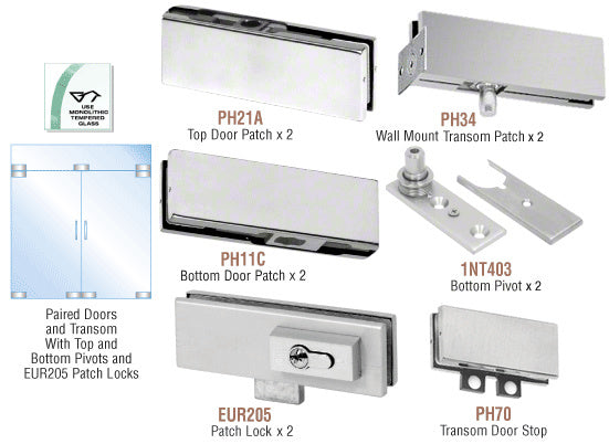 CRL European Patch Door Kit for Double Doors for Use with Fixed Transom - With Lock