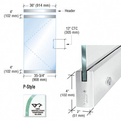 CRL Dry Glazed Frameless Glass 3'-0" P-Style Single Door Complete Entrance Kit - with Lock