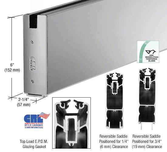 CRL Powder Coat 6" x 240" Length Square Sidelite Rail for 3/4" Glass